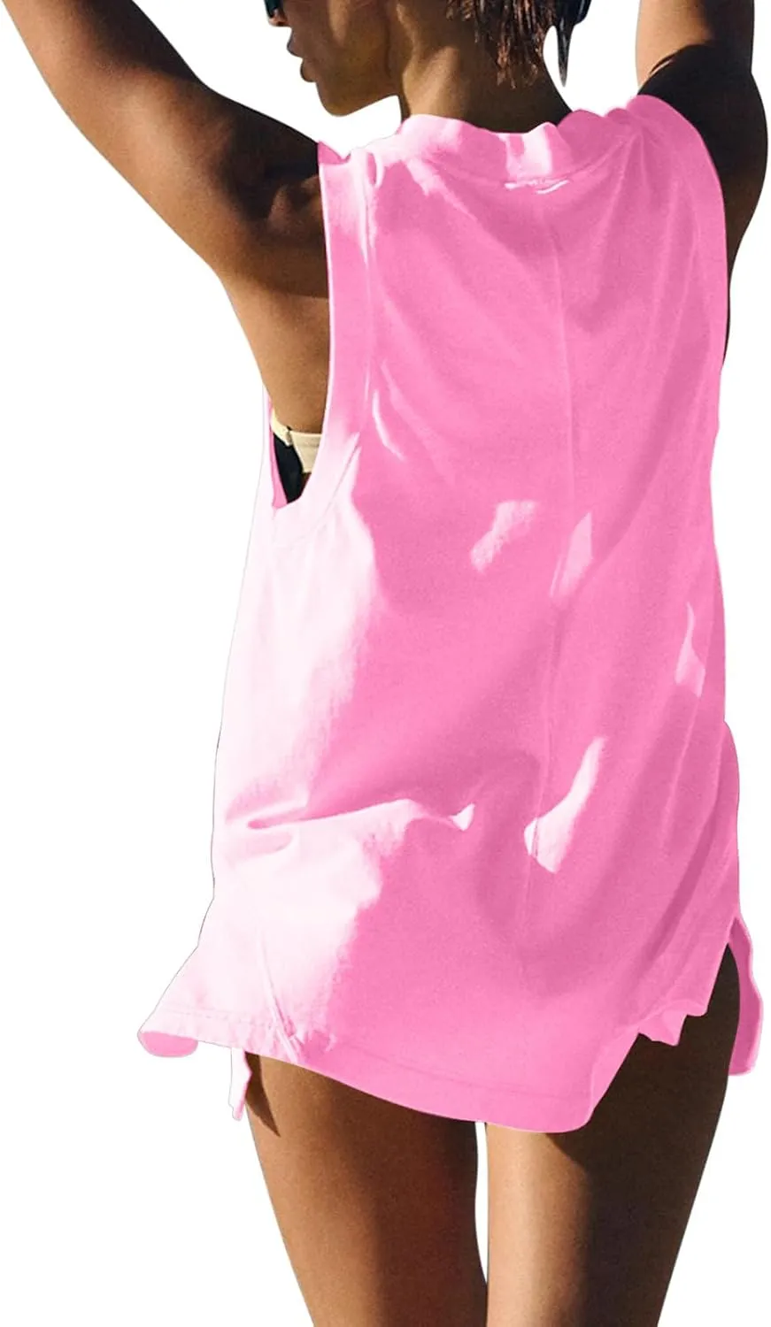 Women Tank Tops Summer Deep V Neck Sleeveless Ruched Side Slit Shirts Casual Fashion Loose Fit Athletic Gym Blouse
