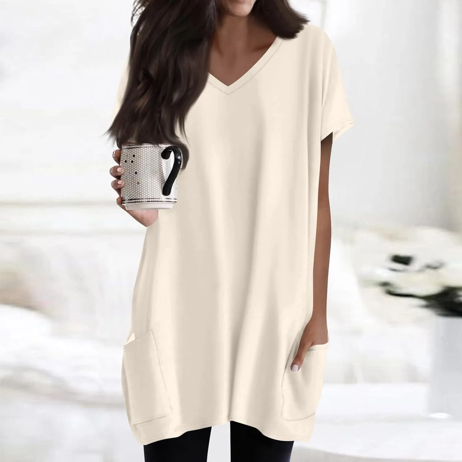 Women Tunic Tops Spring V Neck Short Sleeve Shirts With Pockets Plus Size Tops For Leggings Basic Blouses