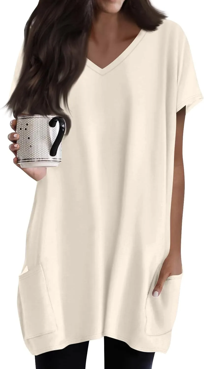 Women Tunic Tops Spring V Neck Short Sleeve Shirts With Pockets Plus Size Tops For Leggings Basic Blouses