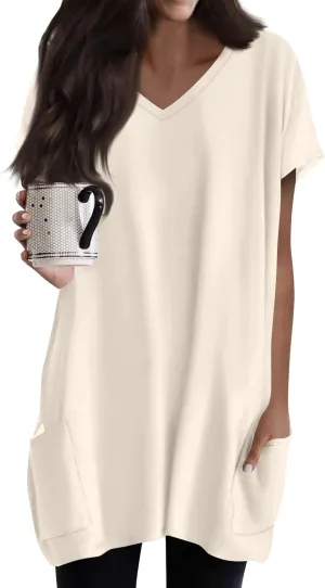 Women Tunic Tops Spring V Neck Short Sleeve Shirts With Pockets Plus Size Tops For Leggings Basic Blouses