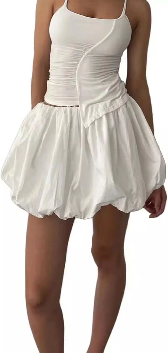 Women Y2k Bubble Skirt Ruffle Hem Pleated A Line Flare Mini Short Skirt Streetwear Beach Dresses
