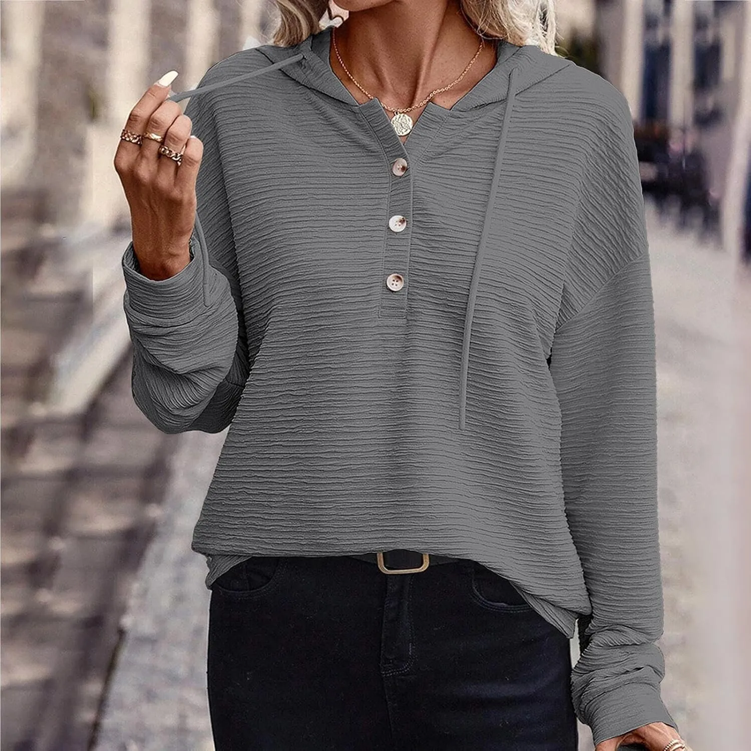 Womens 2024 Hooded Button Drawstring Hoodies Pullover Sweatshirts Casual Long Sleeve Tops Shirts Trendy Warm Tops