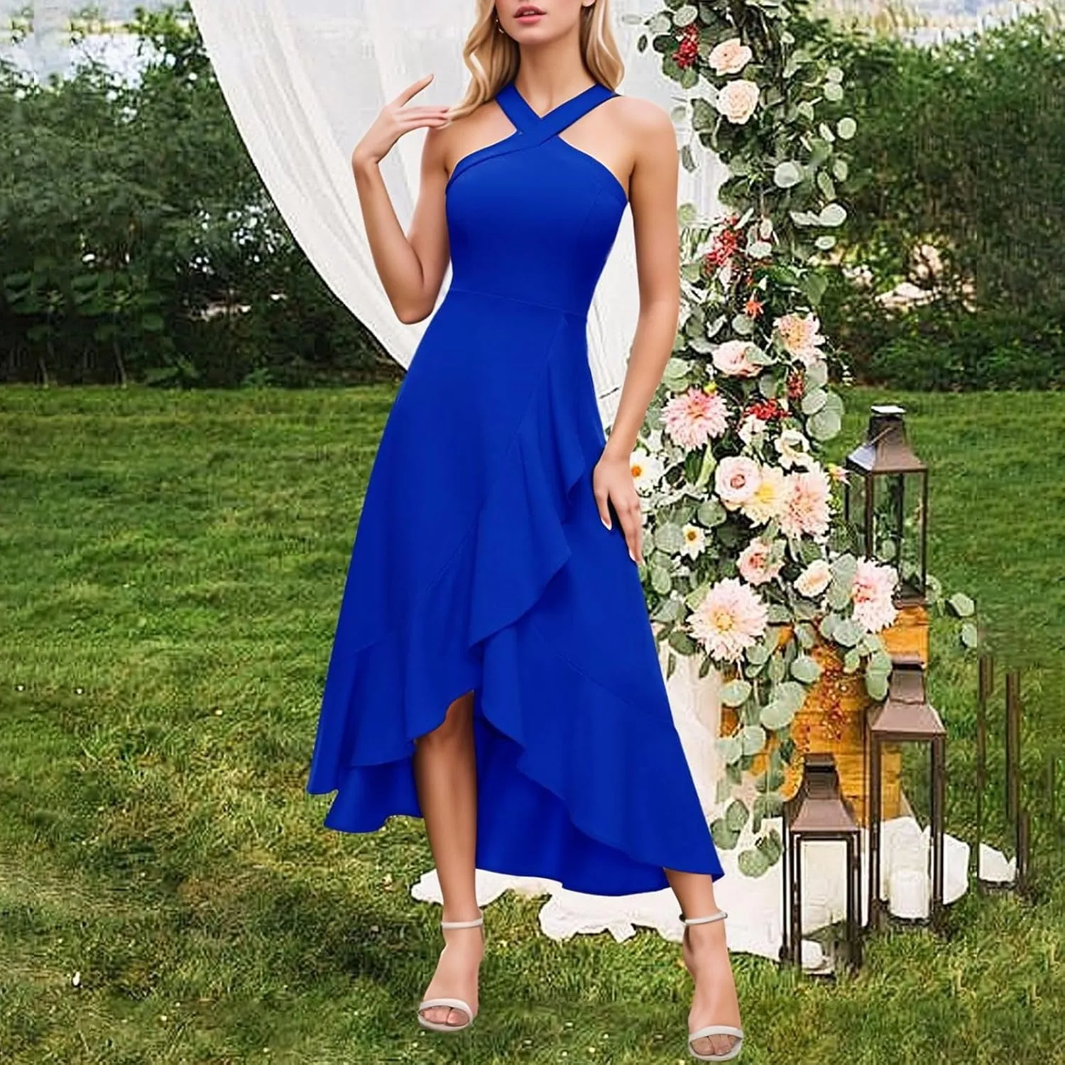 Women's 2025 Summer Wedding Guest Dress Halter High Low Sleeveless Cocktail Party Dresses Flowy Ruffle Midi Dress