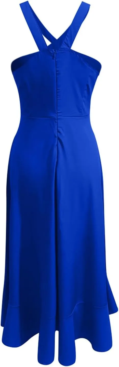 Women's 2025 Summer Wedding Guest Dress Halter High Low Sleeveless Cocktail Party Dresses Flowy Ruffle Midi Dress