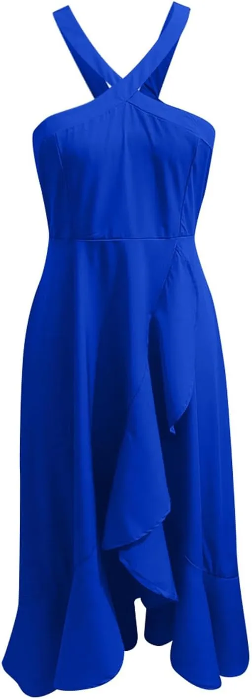 Women's 2025 Summer Wedding Guest Dress Halter High Low Sleeveless Cocktail Party Dresses Flowy Ruffle Midi Dress
