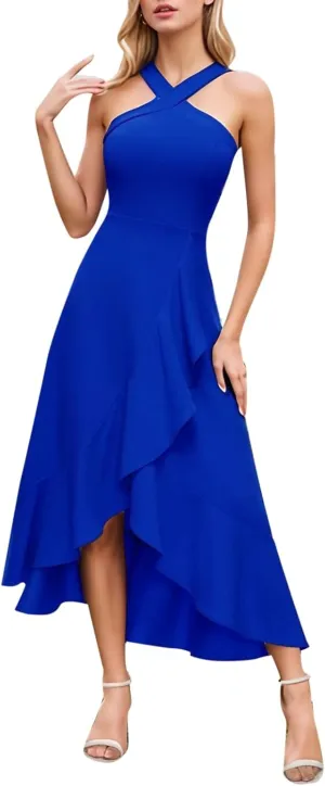 Women's 2025 Summer Wedding Guest Dress Halter High Low Sleeveless Cocktail Party Dresses Flowy Ruffle Midi Dress