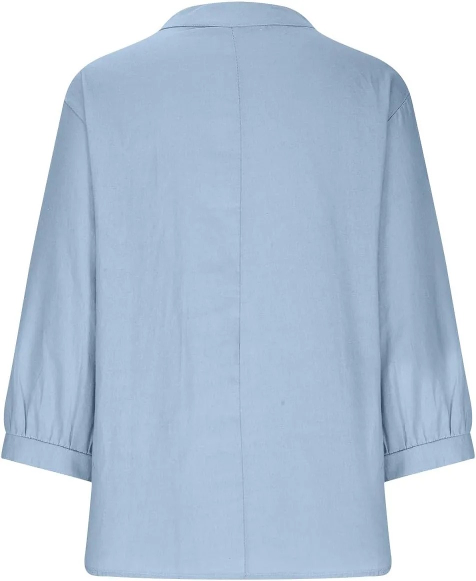 Womens 3/4 Length Sleeve Cotton Linen Tops 2024 Summer V Neck Button Up T Shirts Casual Basic Flowy Comfy Tunics