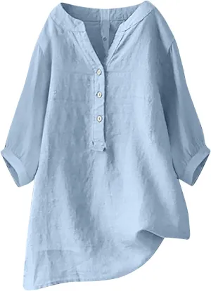 Womens 3/4 Length Sleeve Cotton Linen Tops 2024 Summer V Neck Button Up T Shirts Casual Basic Flowy Comfy Tunics