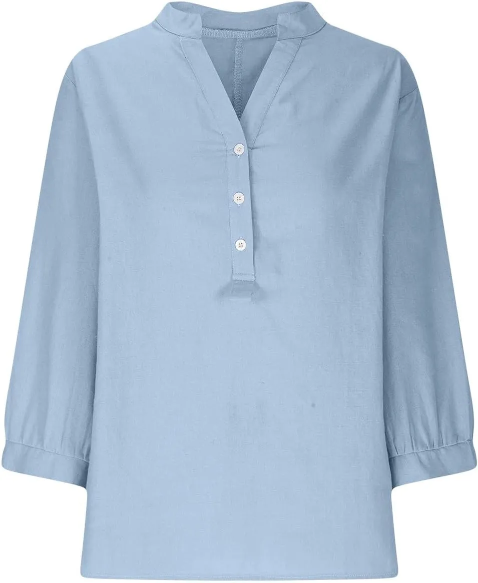 Womens 3/4 Length Sleeve Cotton Linen Tops 2024 Summer V Neck Button Up T Shirts Casual Basic Flowy Comfy Tunics