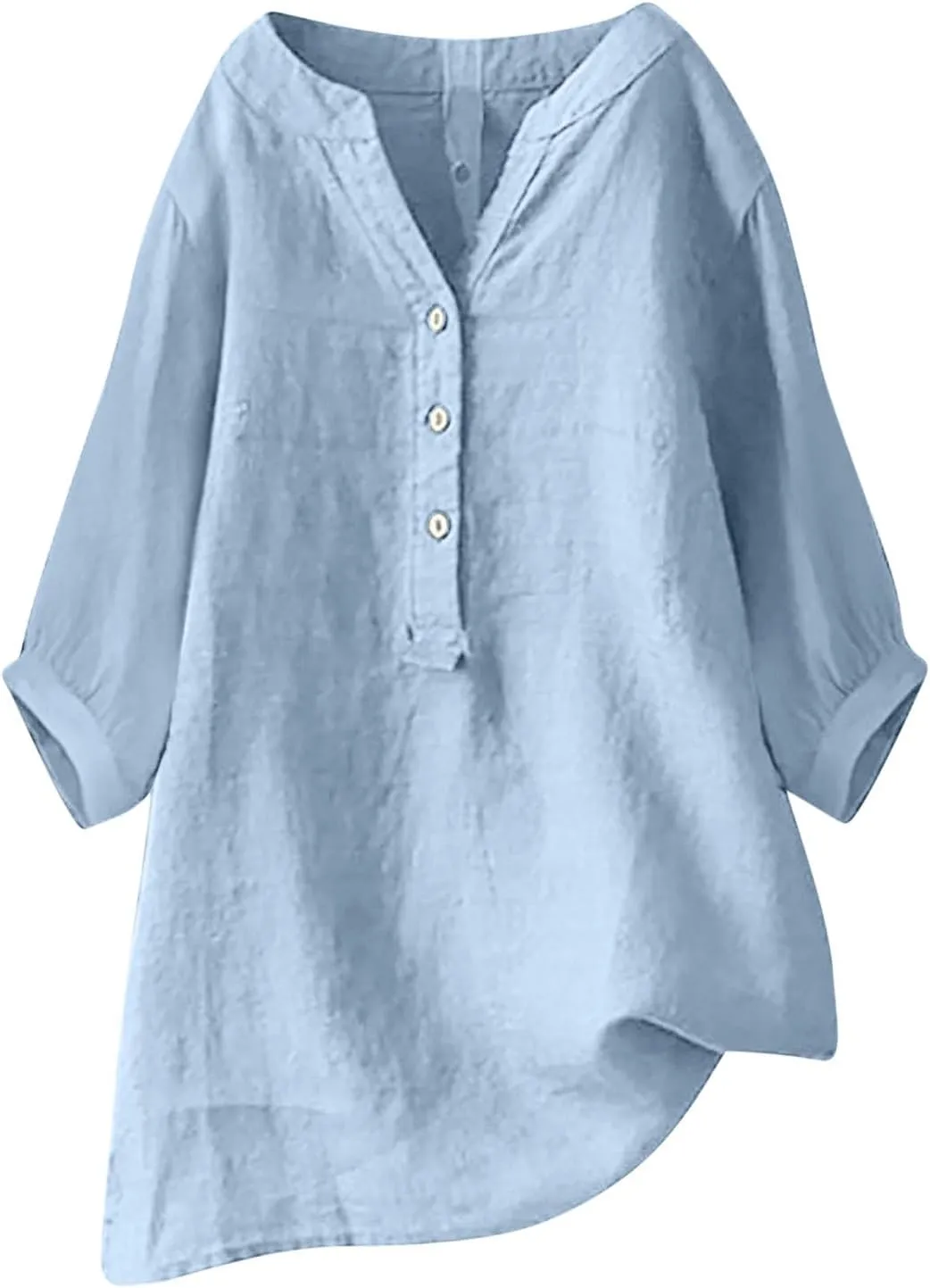 Womens 3/4 Length Sleeve Cotton Linen Tops 2024 Summer V Neck Button Up T Shirts Casual Basic Flowy Comfy Tunics