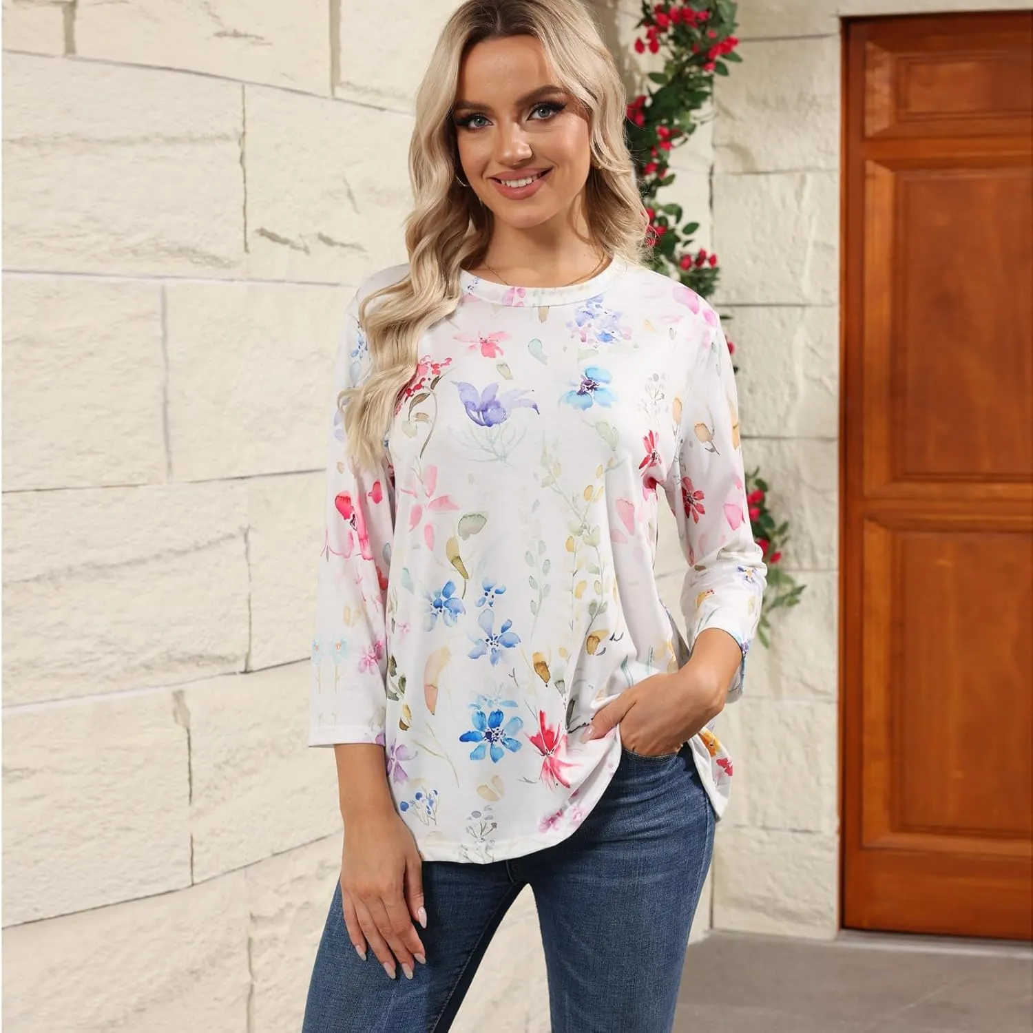 Womens 3/4 Sleeve Tops 2025 Summer Floral Print Round Neck Shirts Loose Fit Three Quarter Sleeve Tshirts