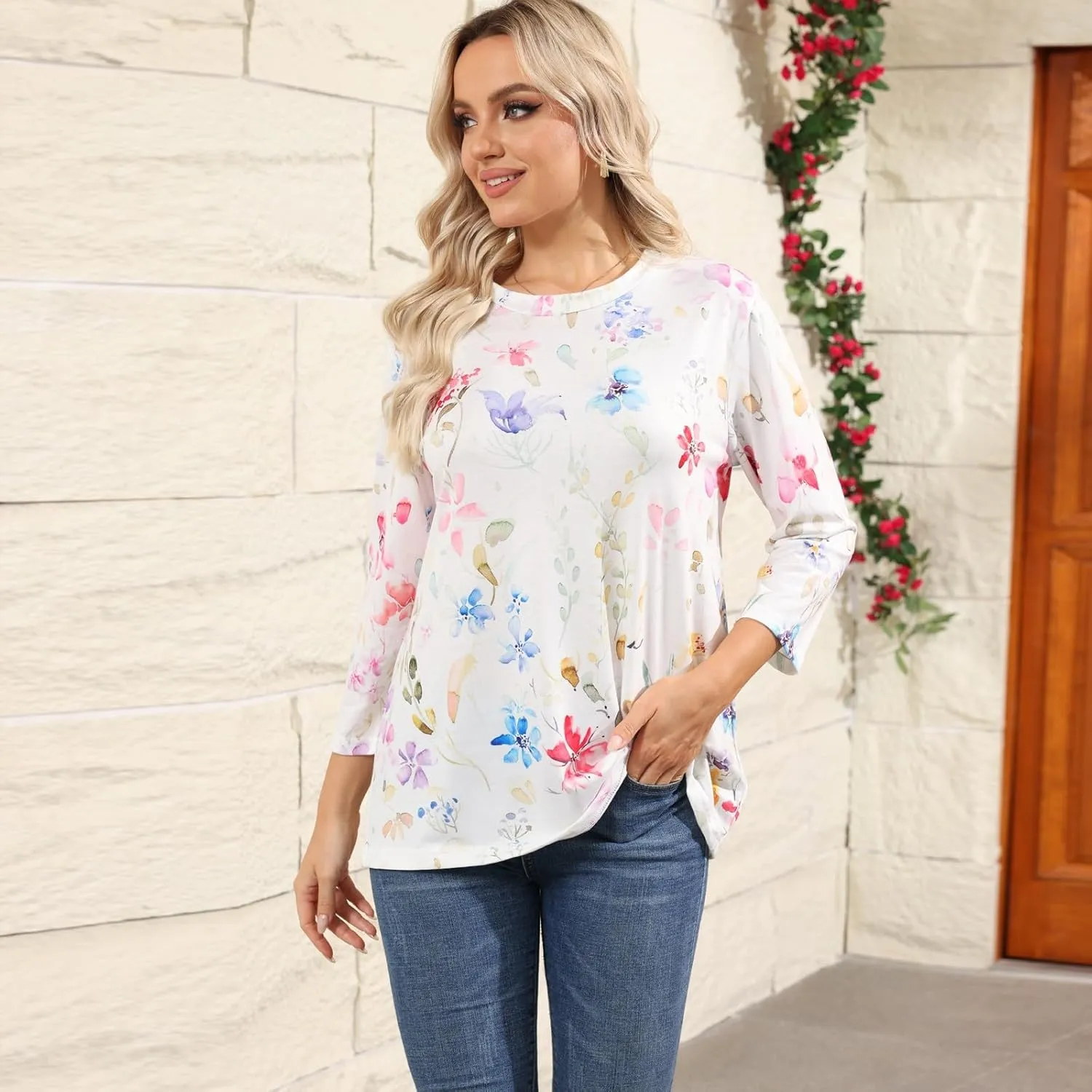 Womens 3/4 Sleeve Tops 2025 Summer Floral Print Round Neck Shirts Loose Fit Three Quarter Sleeve Tshirts