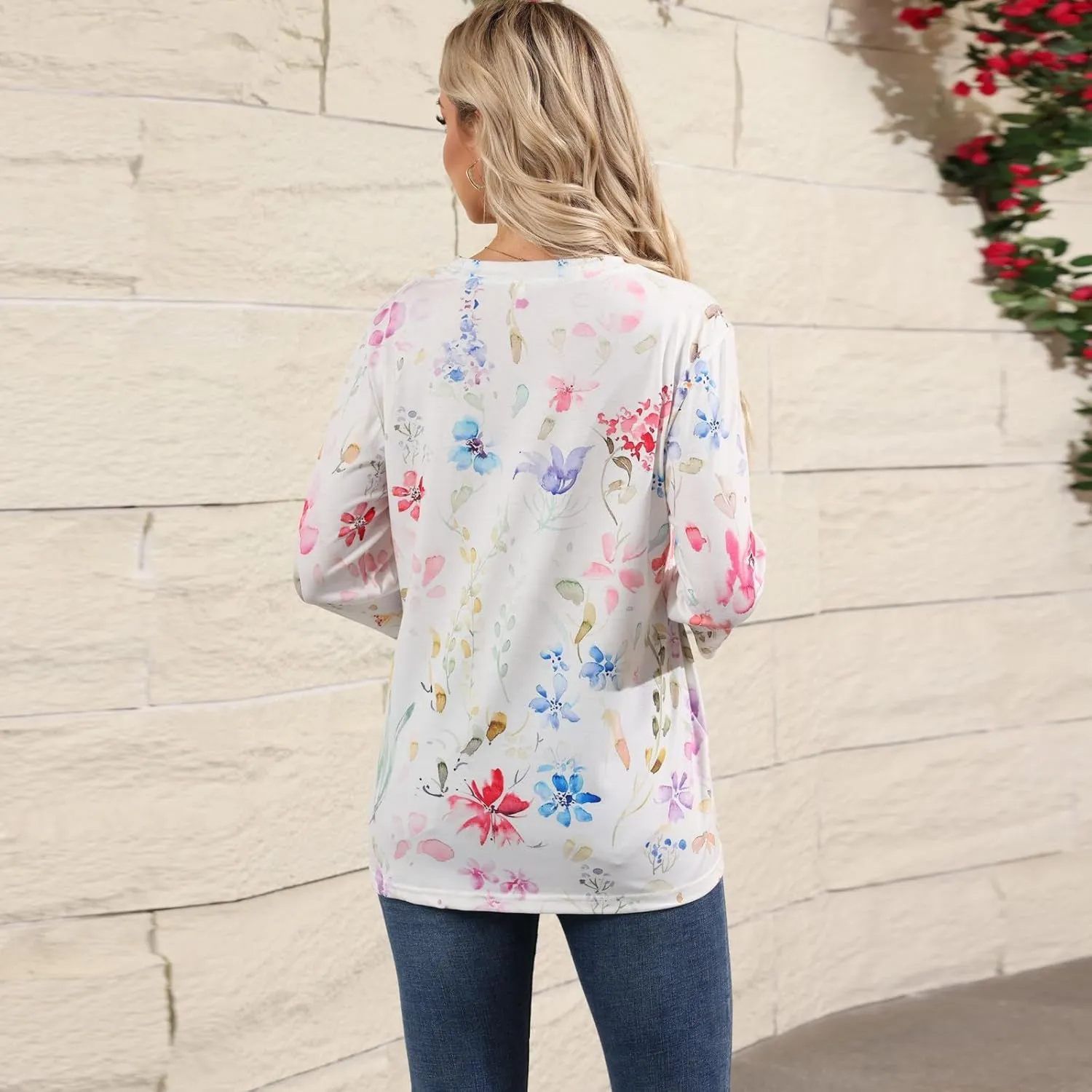 Womens 3/4 Sleeve Tops 2025 Summer Floral Print Round Neck Shirts Loose Fit Three Quarter Sleeve Tshirts