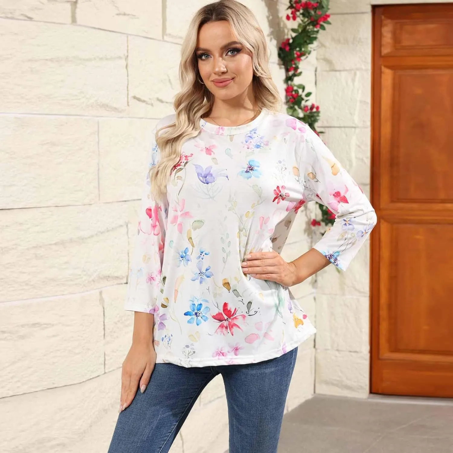 Womens 3/4 Sleeve Tops 2025 Summer Floral Print Round Neck Shirts Loose Fit Three Quarter Sleeve Tshirts