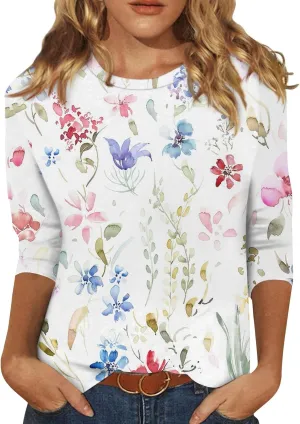 Womens 3/4 Sleeve Tops 2025 Summer Floral Print Round Neck Shirts Loose Fit Three Quarter Sleeve Tshirts