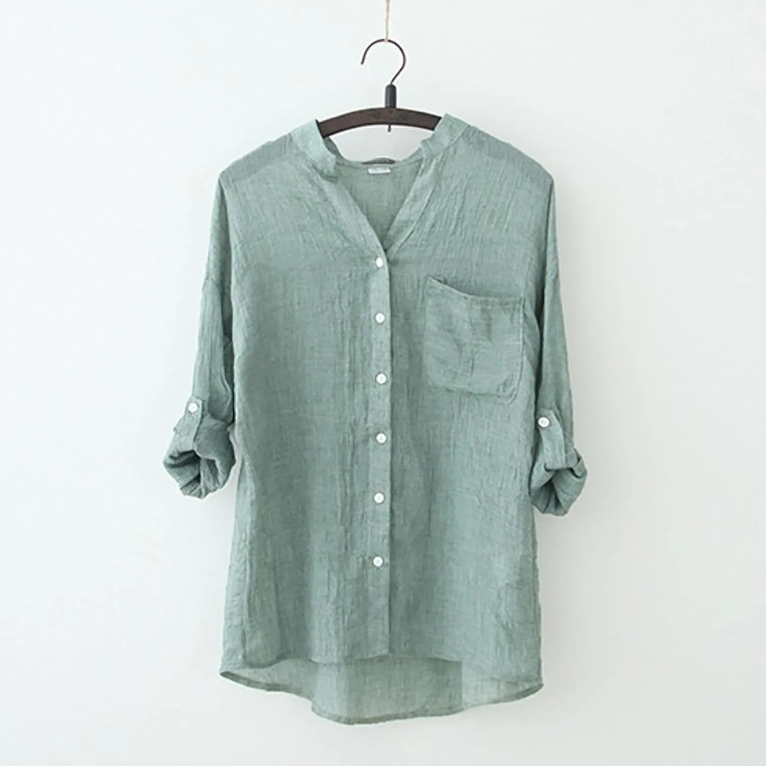 Womens 3/4 Sleeve Tops Cotton Linen Shirts V Neck Button Down Blouse Summer Casual Solid Tops