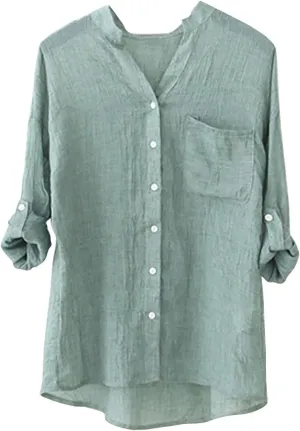 Womens 3/4 Sleeve Tops Cotton Linen Shirts V Neck Button Down Blouse Summer Casual Solid Tops