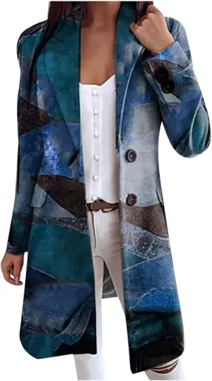 Women's Aztec Peacoat Ethnic Printed Loose Fit Lapel Trench Coat Vintage Casual Single Breasted Wool Blend Overcoat
