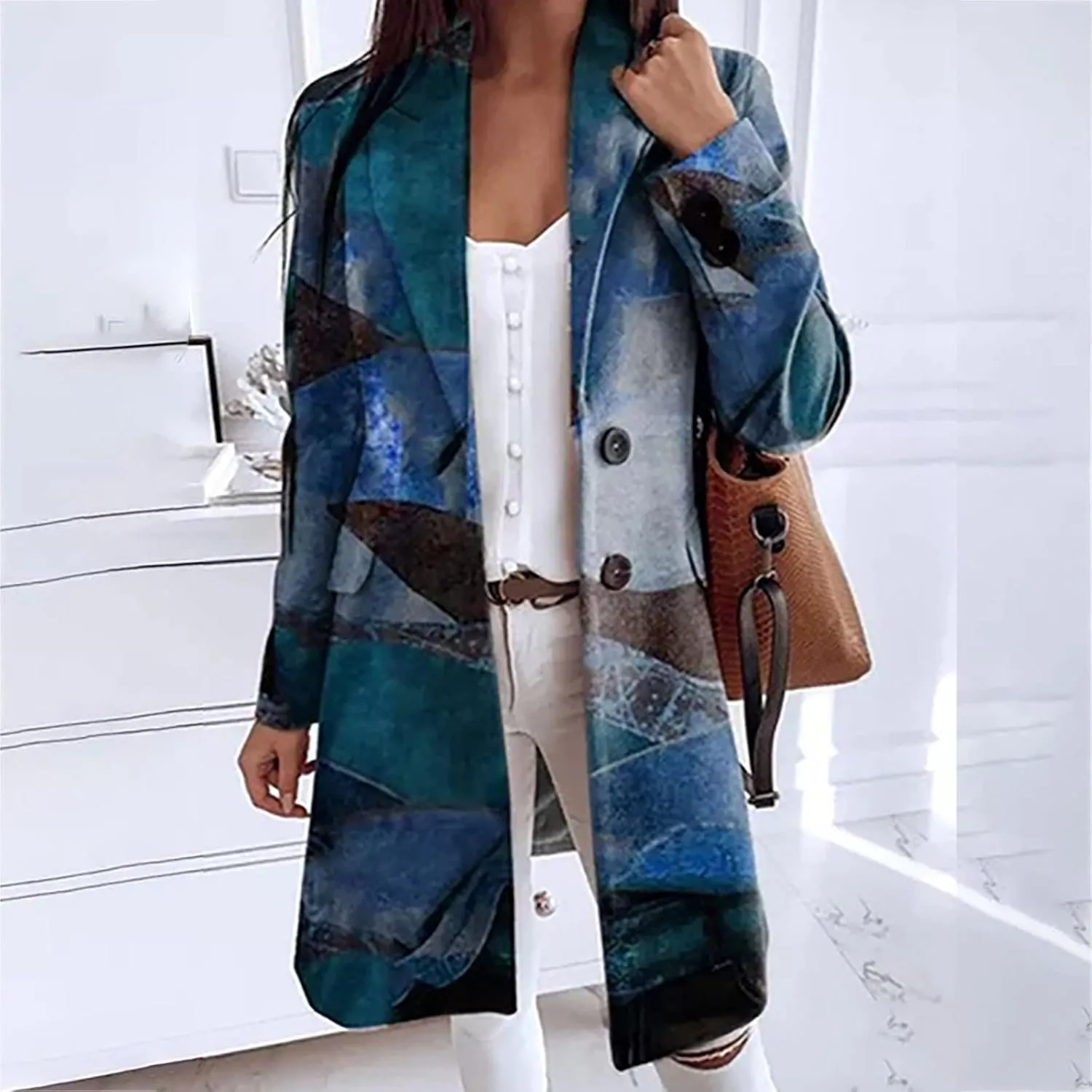 Women's Aztec Peacoat Ethnic Printed Loose Fit Lapel Trench Coat Vintage Casual Single Breasted Wool Blend Overcoat