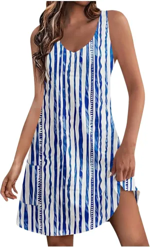 Women's Beach Dress Summer Fashion Floral Print V Neck Sleeveless Short Dress Casual Loose Breathable Sundress