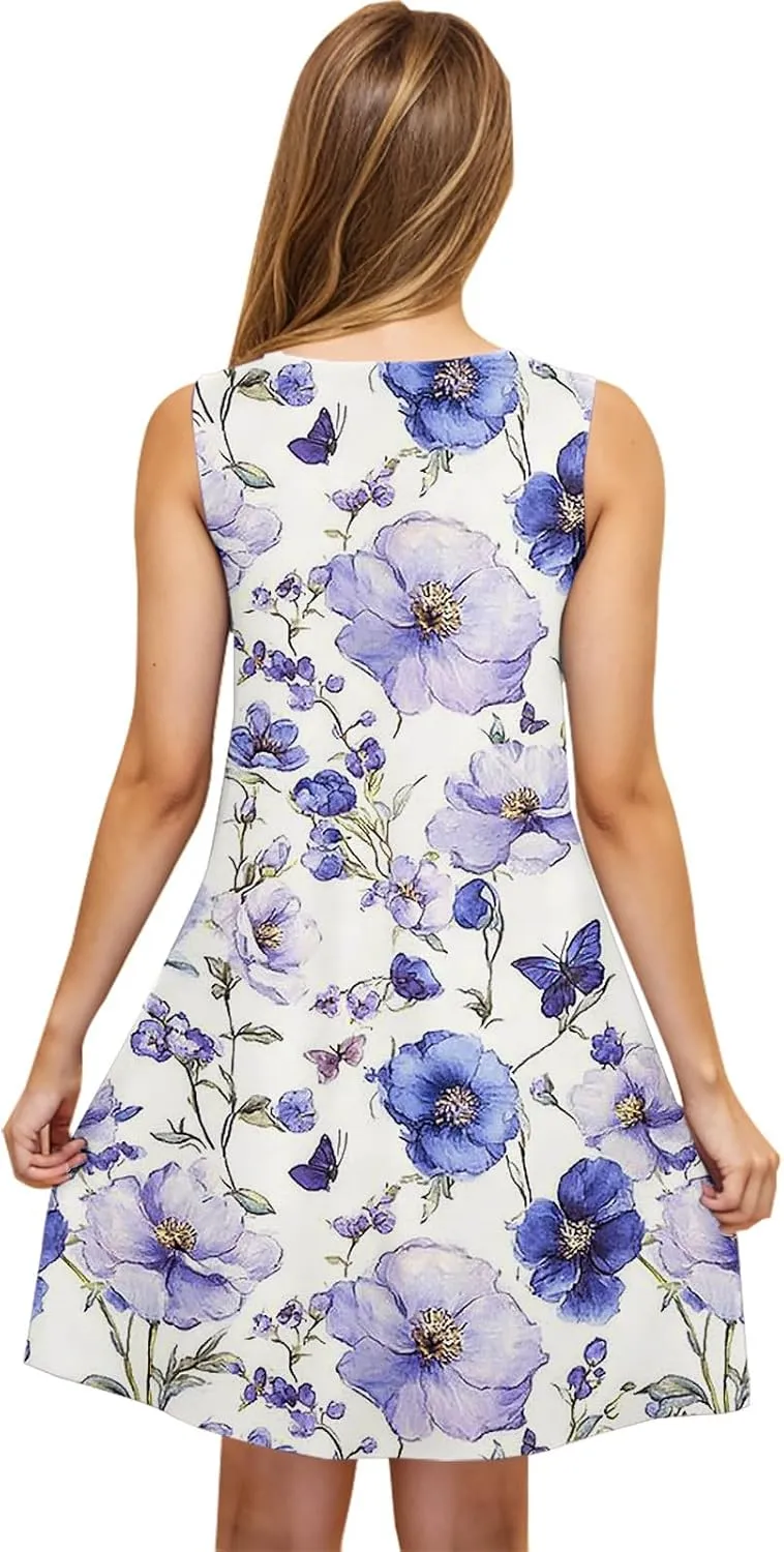 Womens Beach Dresses Loose Swimsuit Cover Ups Sleeveless Vacation Dresses Floral Swing Mini Dress Casual Dresses