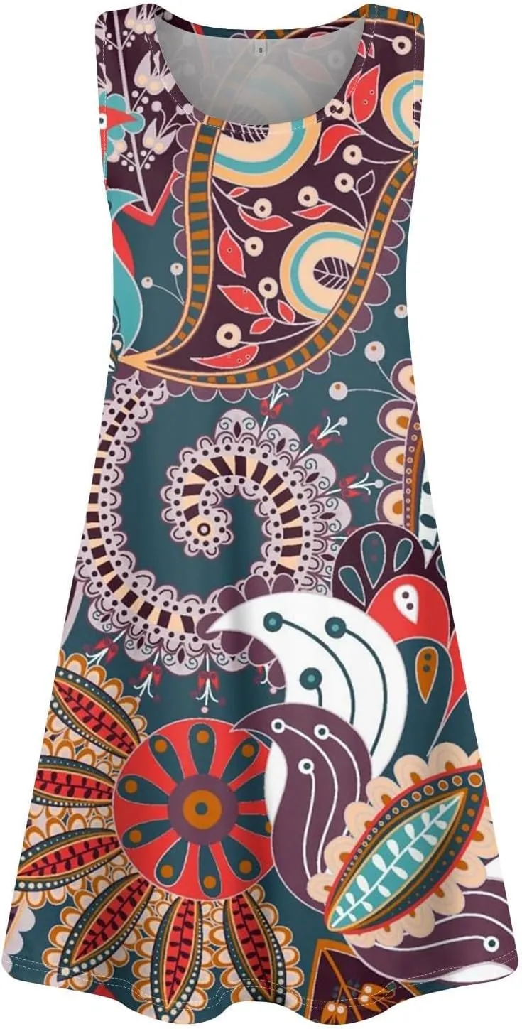 Women's Bohemian Midi Dress Crew Neck Colorful Summer Dress Sleeveless Sundress 2025 Casual Loose Flowy Dresses