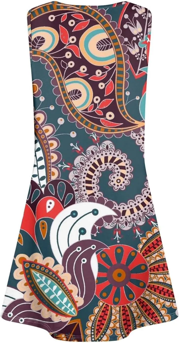 Women's Bohemian Midi Dress Crew Neck Colorful Summer Dress Sleeveless Sundress 2025 Casual Loose Flowy Dresses