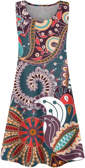 Women's Bohemian Midi Dress Crew Neck Colorful Summer Dress Sleeveless Sundress 2025 Casual Loose Flowy Dresses