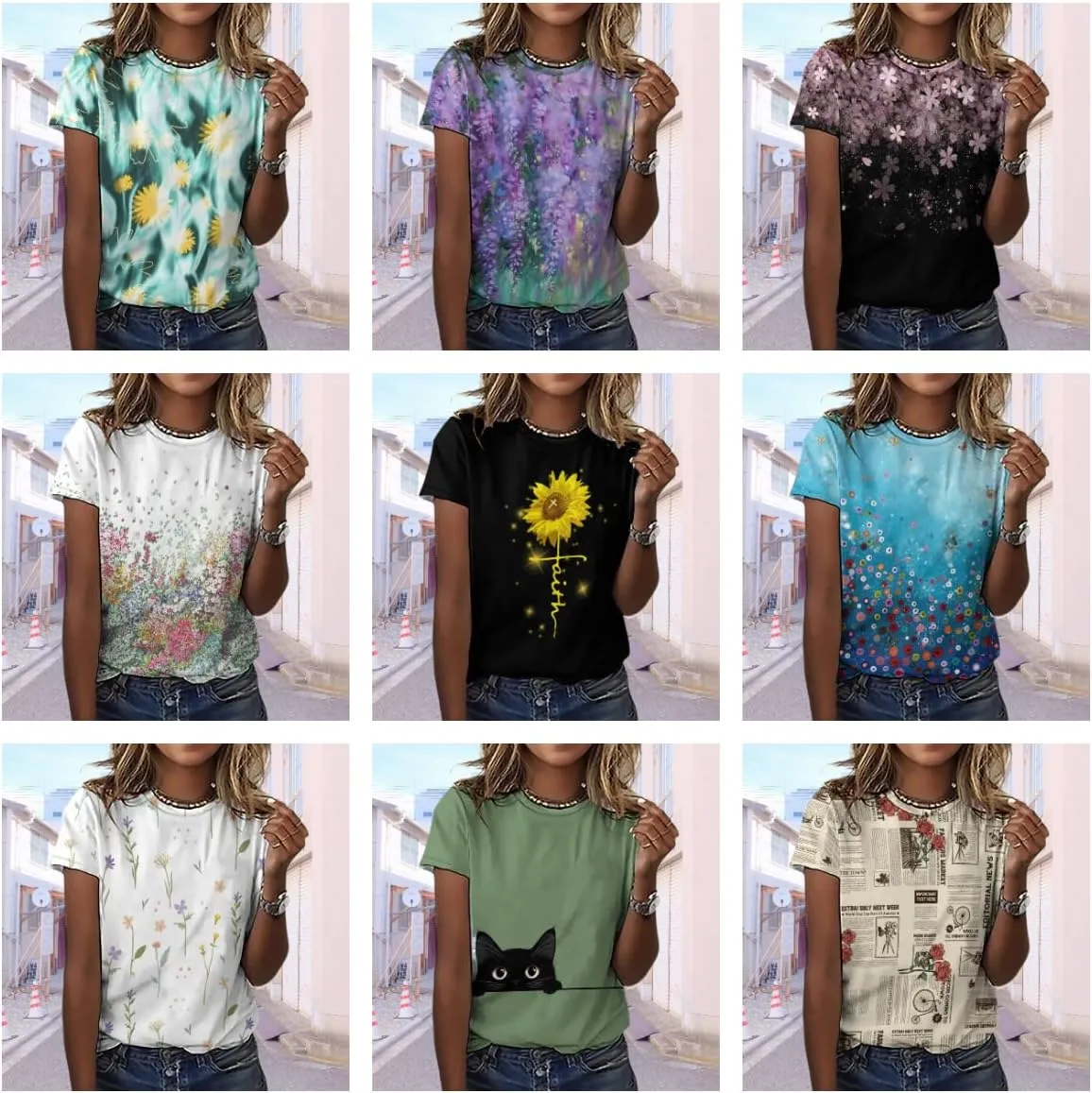 Women's Boho Floral Print Ladies Short Sleeve Tops Summer T-Shirts Dressy Casual Cute Graphic Crew Neck Tops