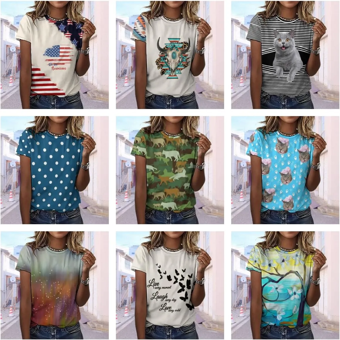 Women's Boho Floral Print Ladies Short Sleeve Tops Summer T-Shirts Dressy Casual Cute Graphic Crew Neck Tops