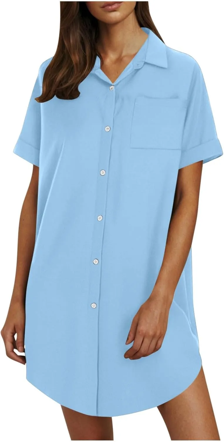 Womens Button Down Shirt Dress 2025 Summer Collared Short Sleeve Solid Color Mini Shift Dresses with Pocket