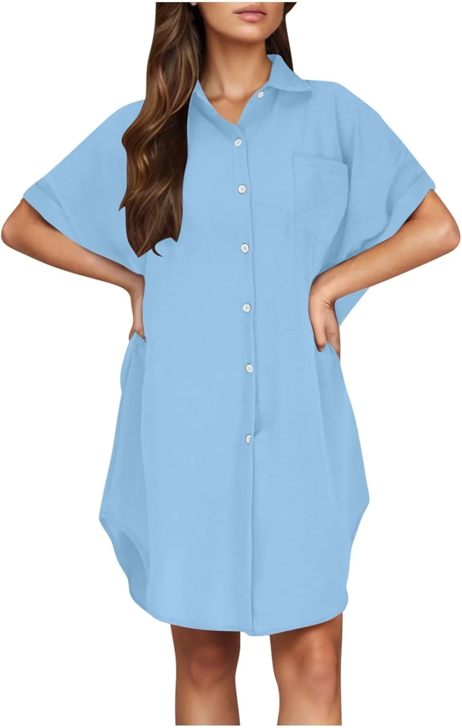 Womens Button Down Shirt Dress 2025 Summer Collared Short Sleeve Solid Color Mini Shift Dresses with Pocket