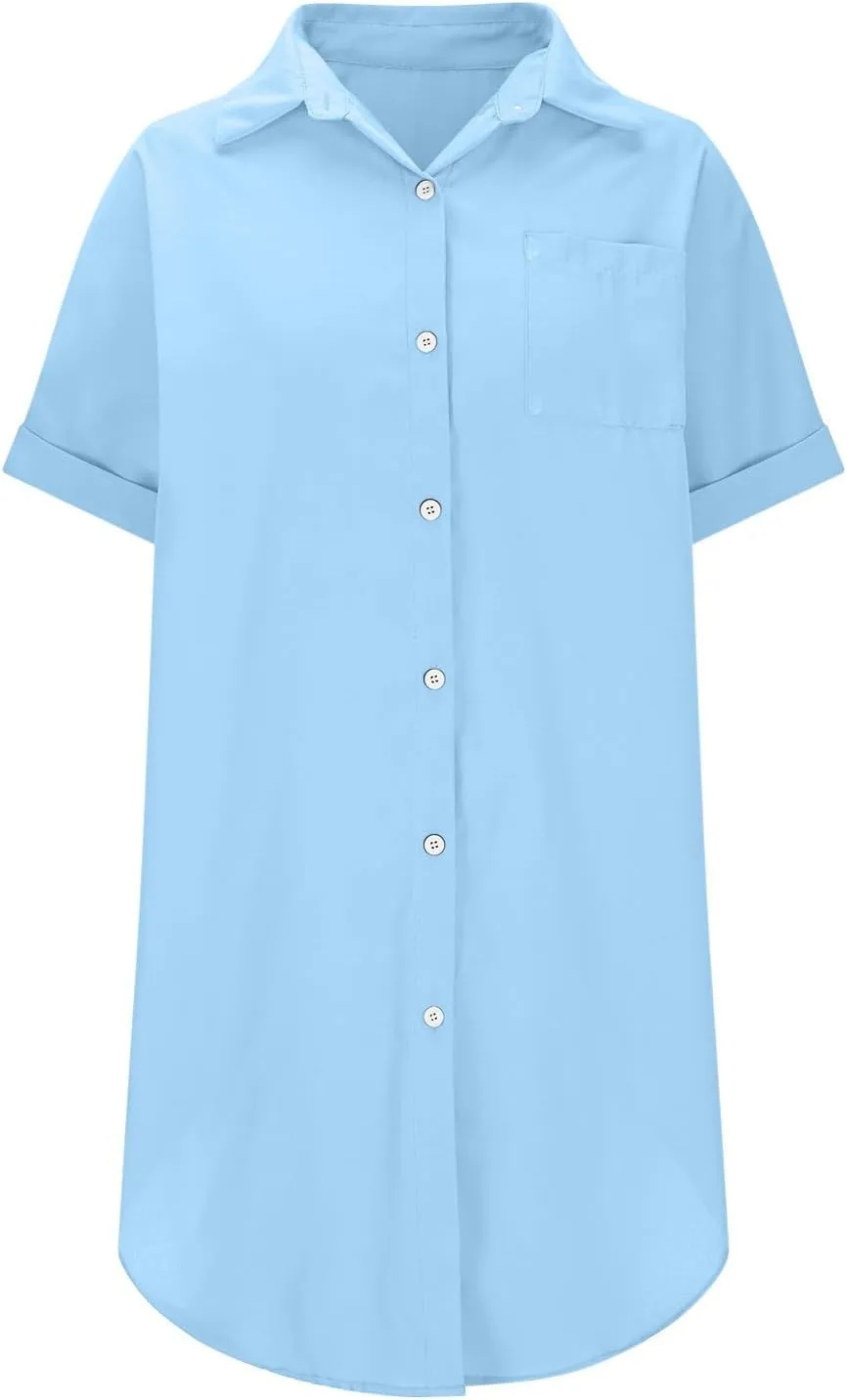 Womens Button Down Shirt Dress 2025 Summer Collared Short Sleeve Solid Color Mini Shift Dresses with Pocket