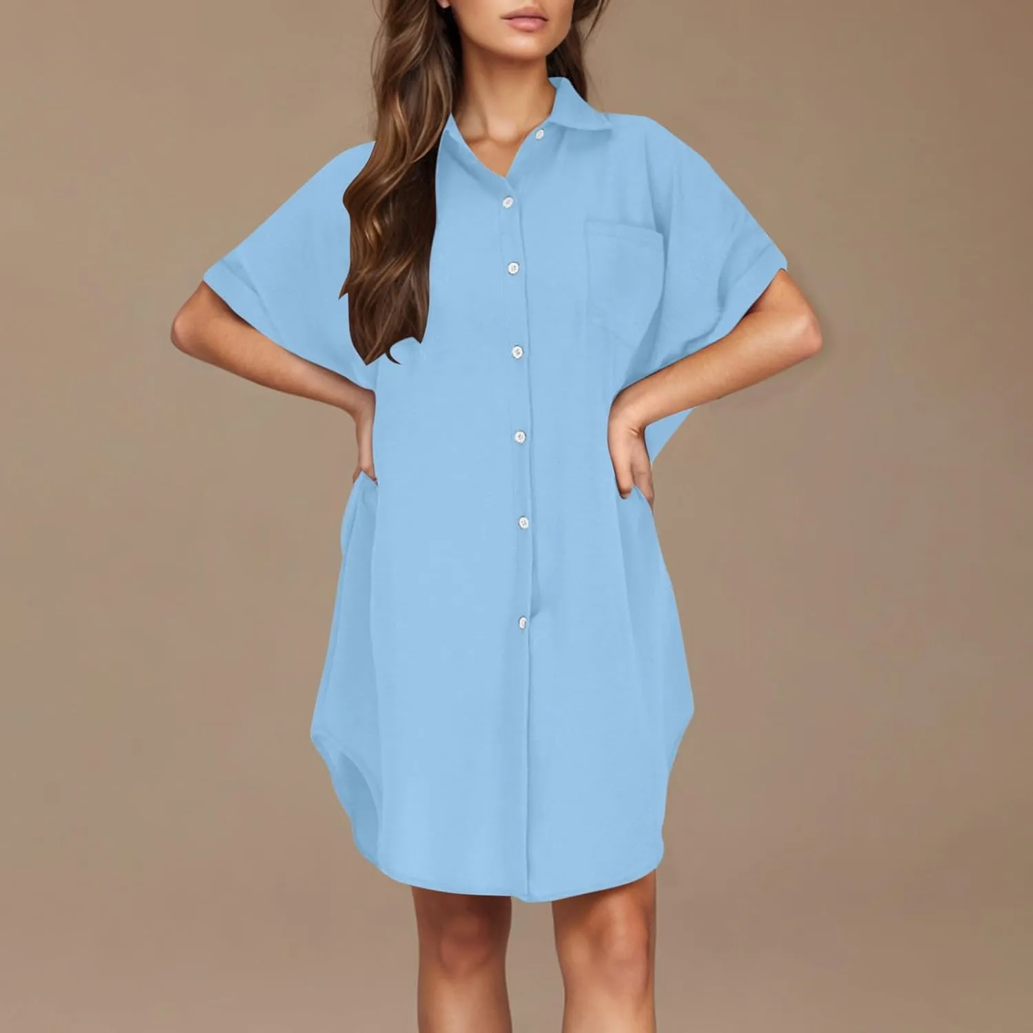 Womens Button Down Shirt Dress 2025 Summer Collared Short Sleeve Solid Color Mini Shift Dresses with Pocket