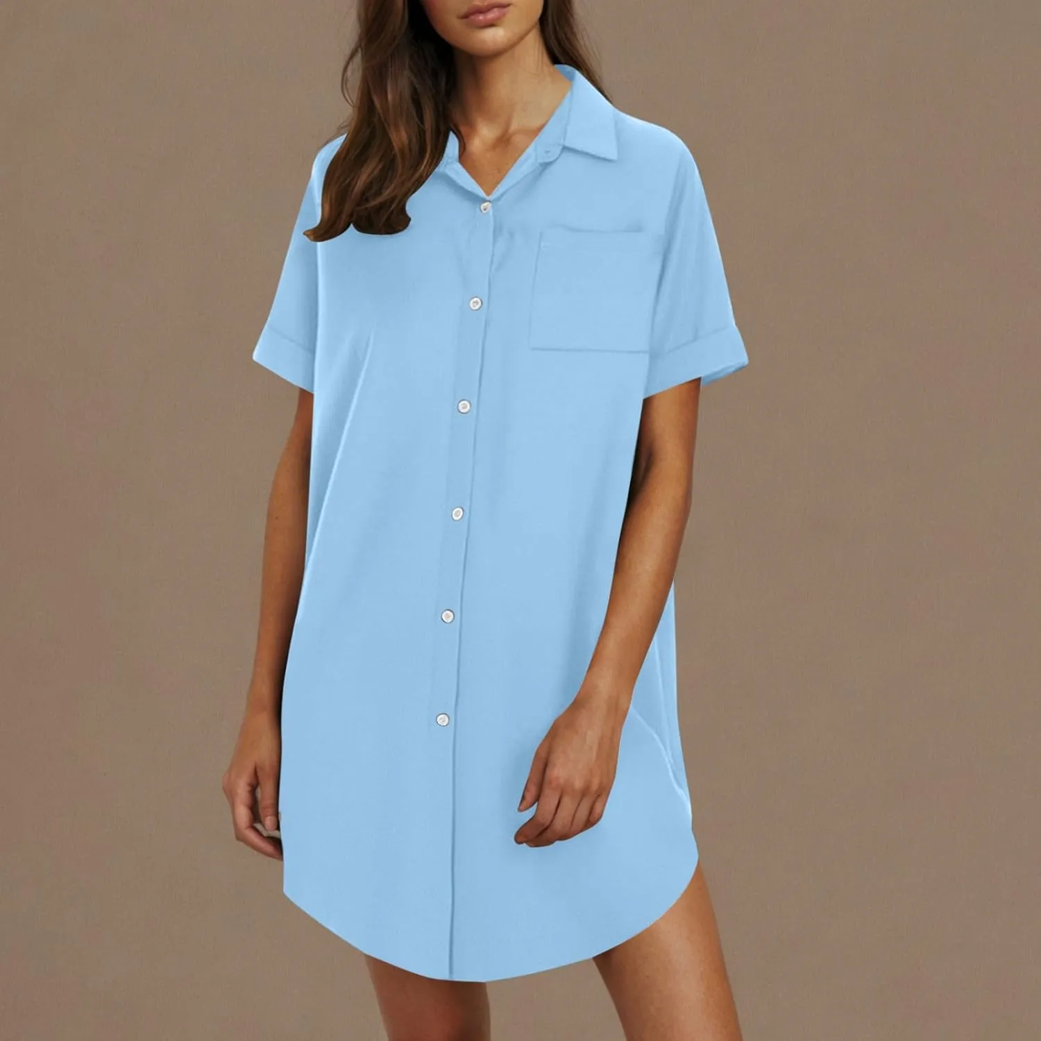 Womens Button Down Shirt Dress 2025 Summer Collared Short Sleeve Solid Color Mini Shift Dresses with Pocket
