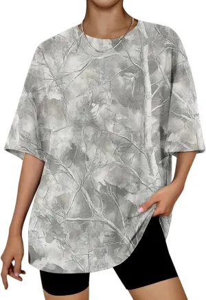 Womens Camo T-Shirt Maple Leaf Print Oversized Summer Tops Casual Loose Short Sleeve Crewneck Camouflage Shirts
