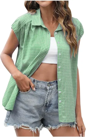 Women's Cap Sleeve Button Down Shirts Vintage Plaid Print Collared Blouse Dressy Casual Summer Tops