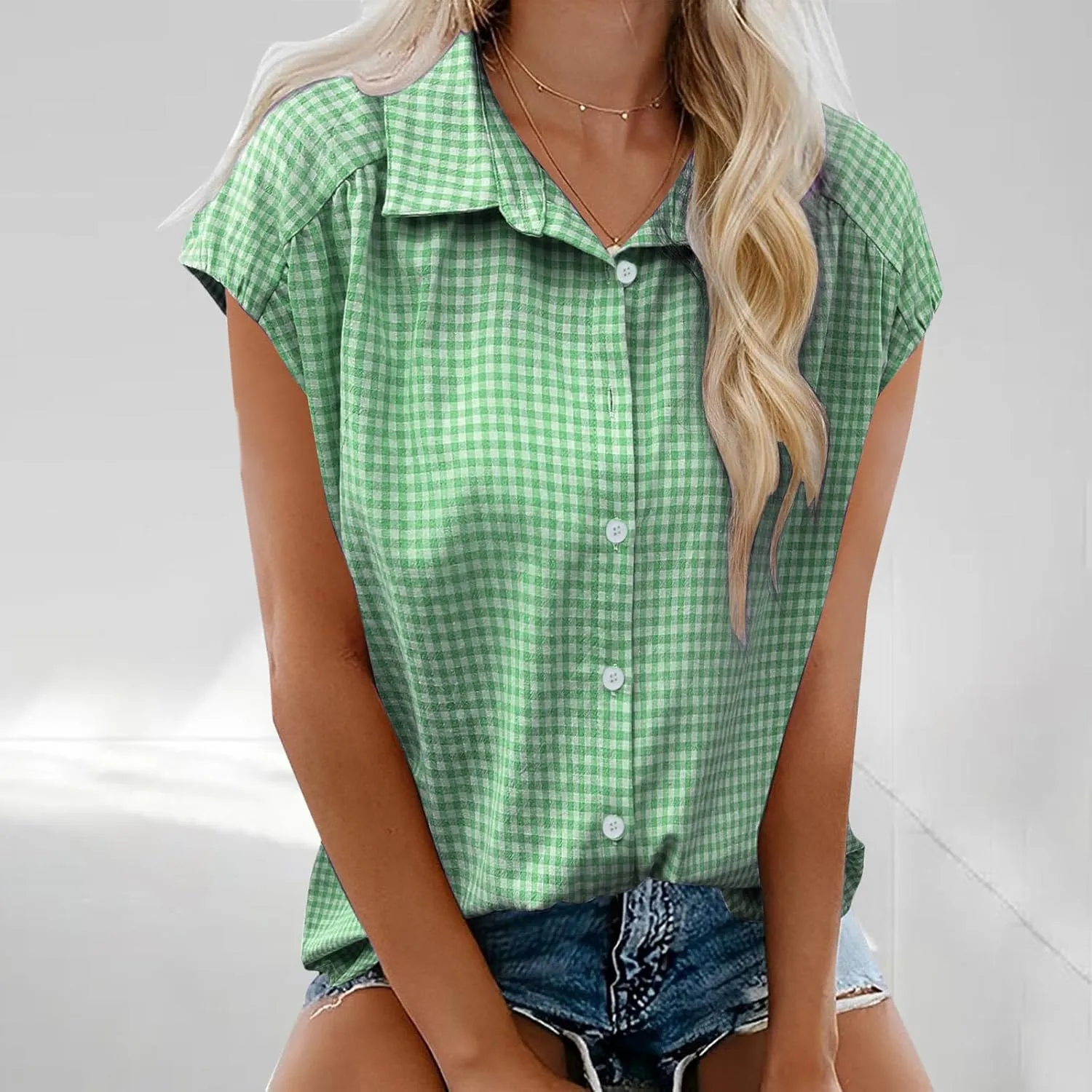 Women's Cap Sleeve Button Down Shirts Vintage Plaid Print Collared Blouse Dressy Casual Summer Tops