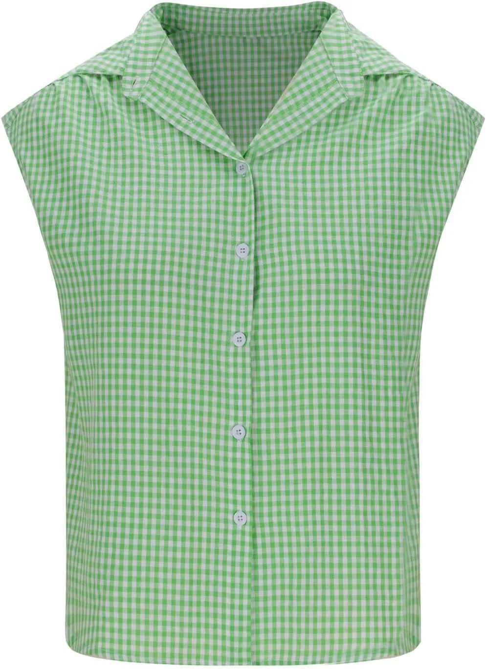 Women's Cap Sleeve Button Down Shirts Vintage Plaid Print Collared Blouse Dressy Casual Summer Tops