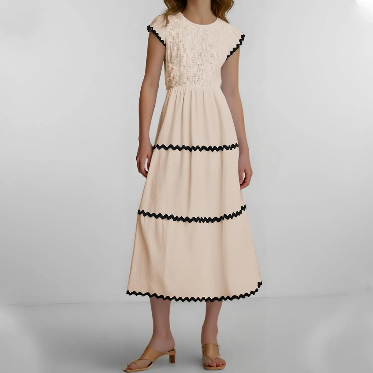 Women's Casual Dress Summer Flutter Short Sleeve Smocked Maxi Dresses Elegant High Waist Flowy Tiered Sundress