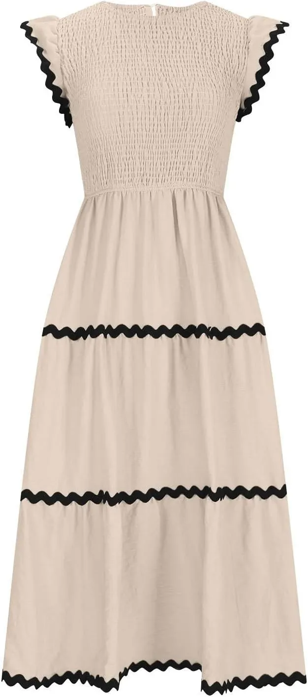 Women's Casual Dress Summer Flutter Short Sleeve Smocked Maxi Dresses Elegant High Waist Flowy Tiered Sundress