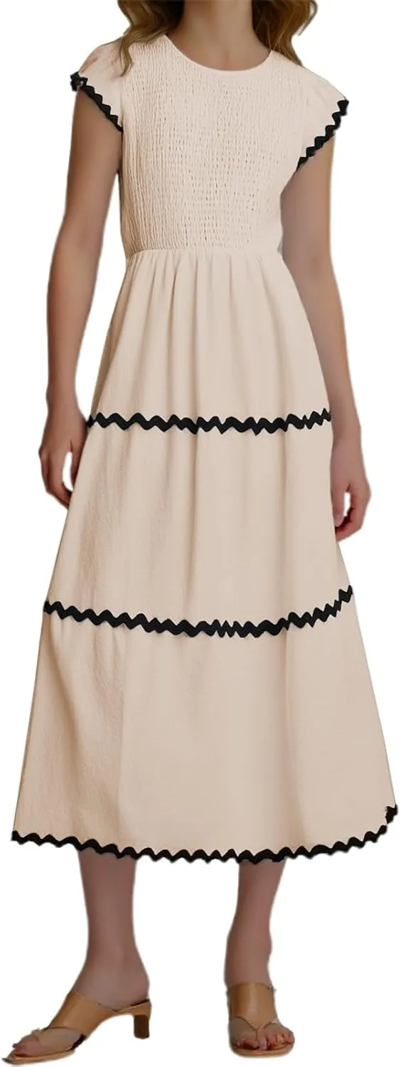 Women's Casual Dress Summer Flutter Short Sleeve Smocked Maxi Dresses Elegant High Waist Flowy Tiered Sundress