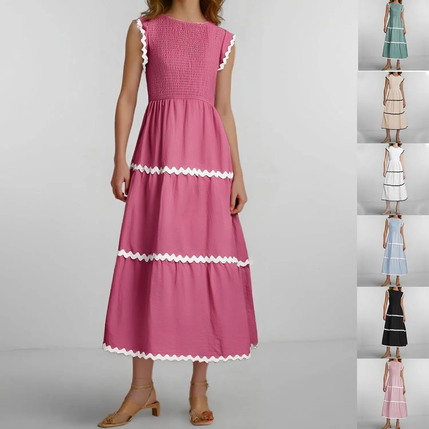 Women's Casual Dress Summer Flutter Short Sleeve Smocked Maxi Dresses Elegant High Waist Flowy Tiered Sundress