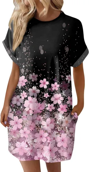 Women's Casual Dresses Summer Short Sleeve Mid Thigh Length T Shirt Dress with Pocket for Women