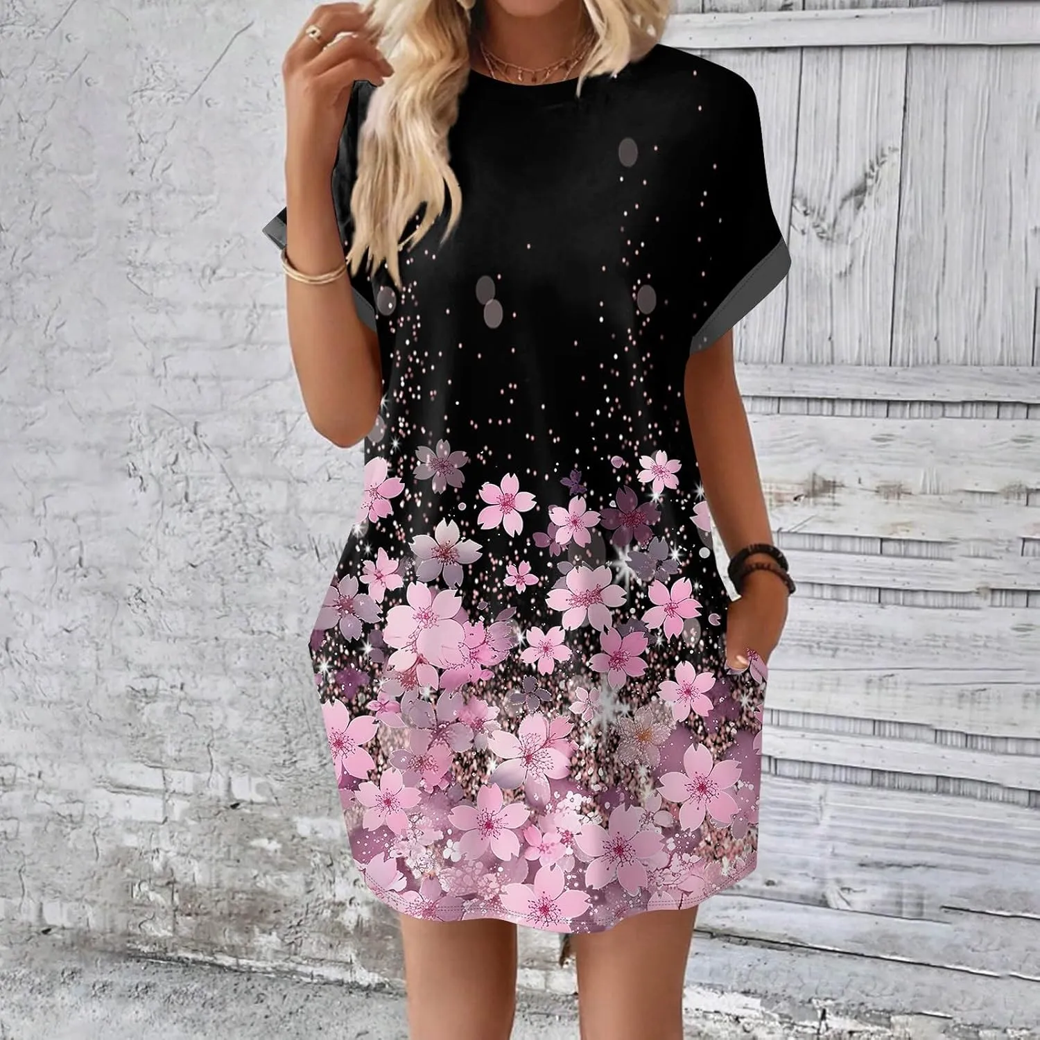 Women's Casual Dresses Summer Short Sleeve Mid Thigh Length T Shirt Dress with Pocket for Women
