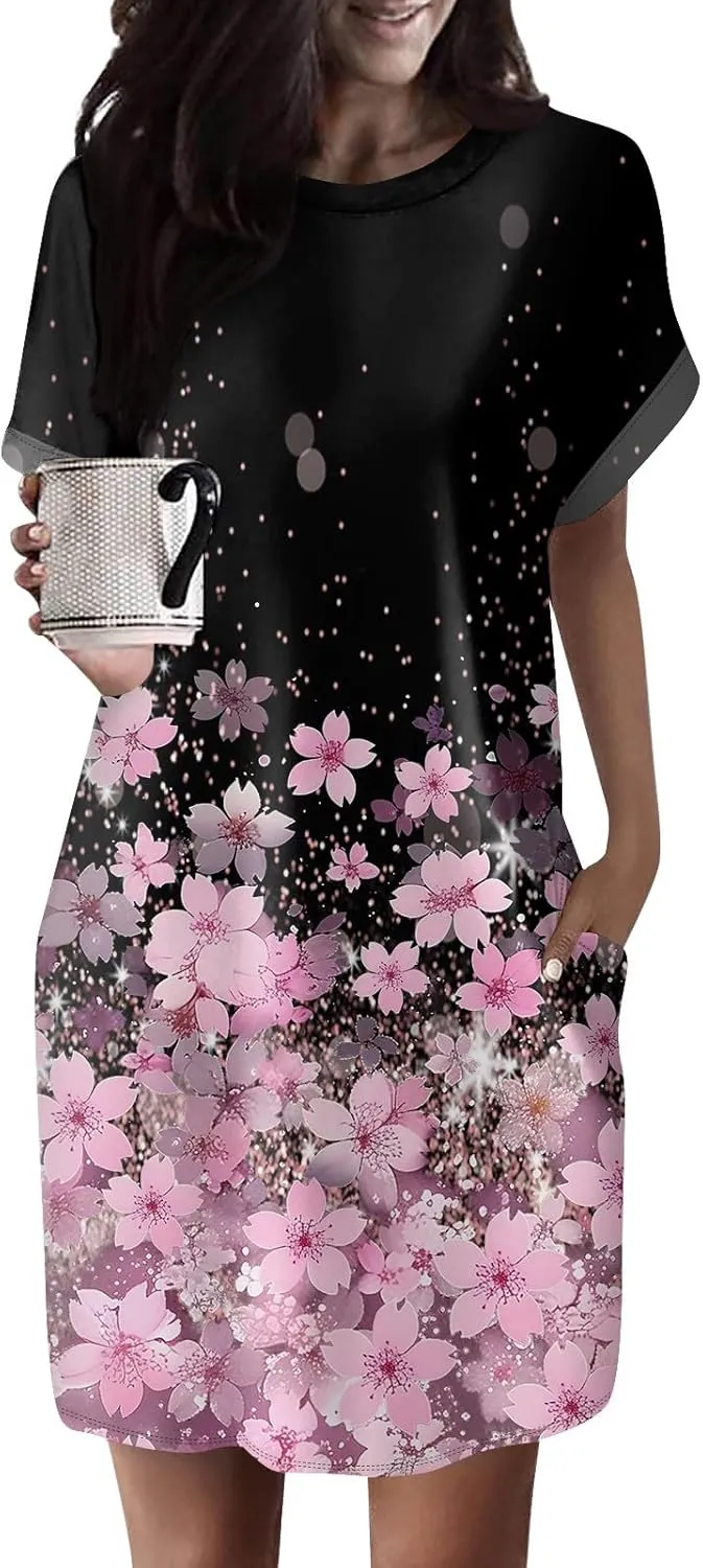 Women's Casual Dresses Summer Short Sleeve Mid Thigh Length T Shirt Dress with Pocket for Women