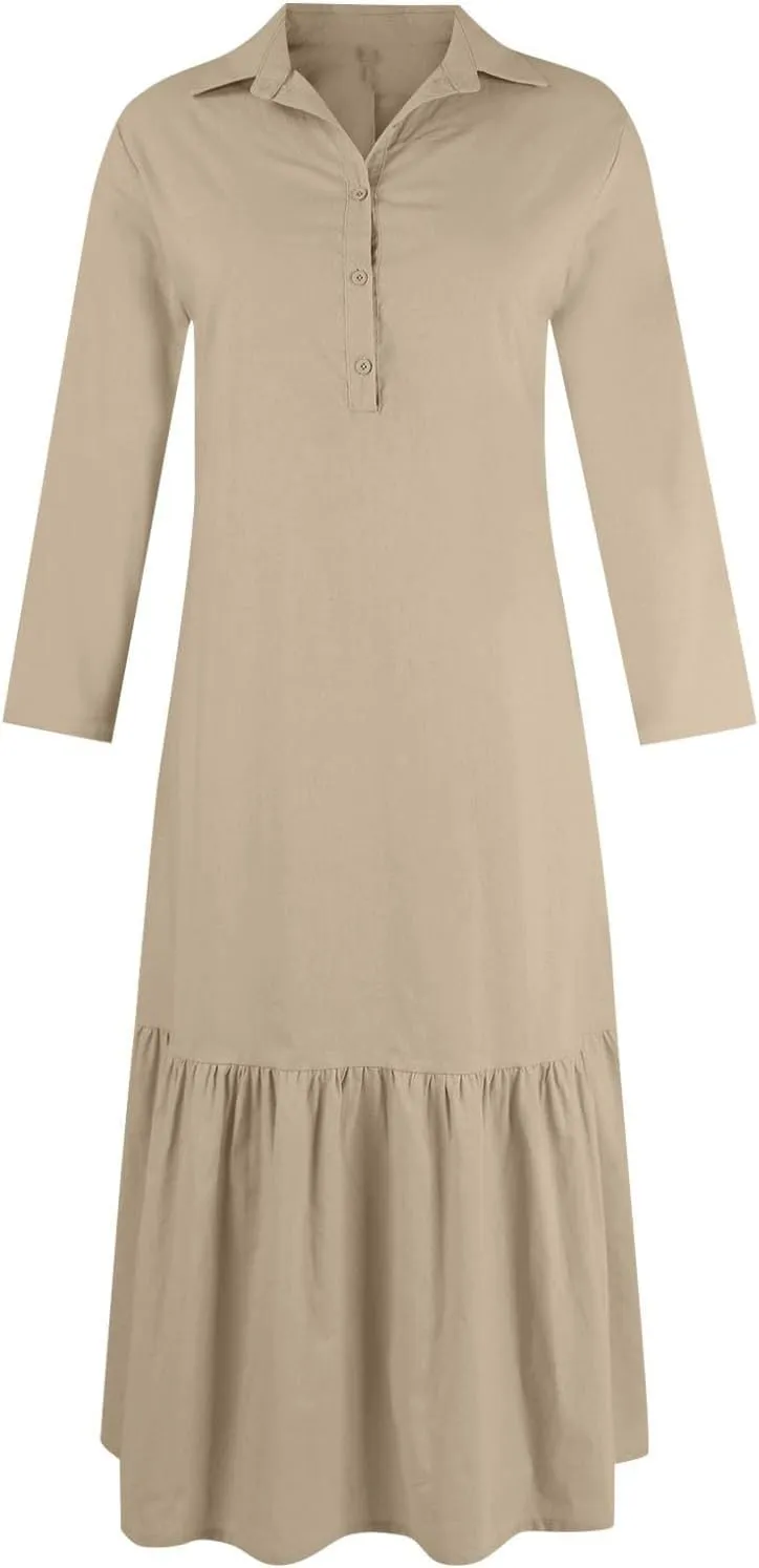 Women's Casual Long Sleeve Button Down Loose Cotton Linen Maxi Shirt Dress Plus Size Summer Shift Shirt Dresses