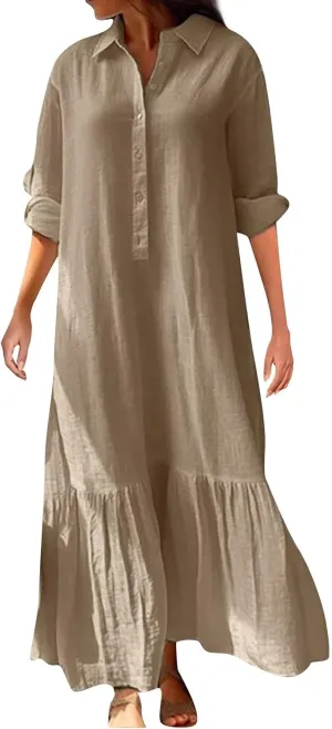 Women's Casual Long Sleeve Button Down Loose Cotton Linen Maxi Shirt Dress Plus Size Summer Shift Shirt Dresses