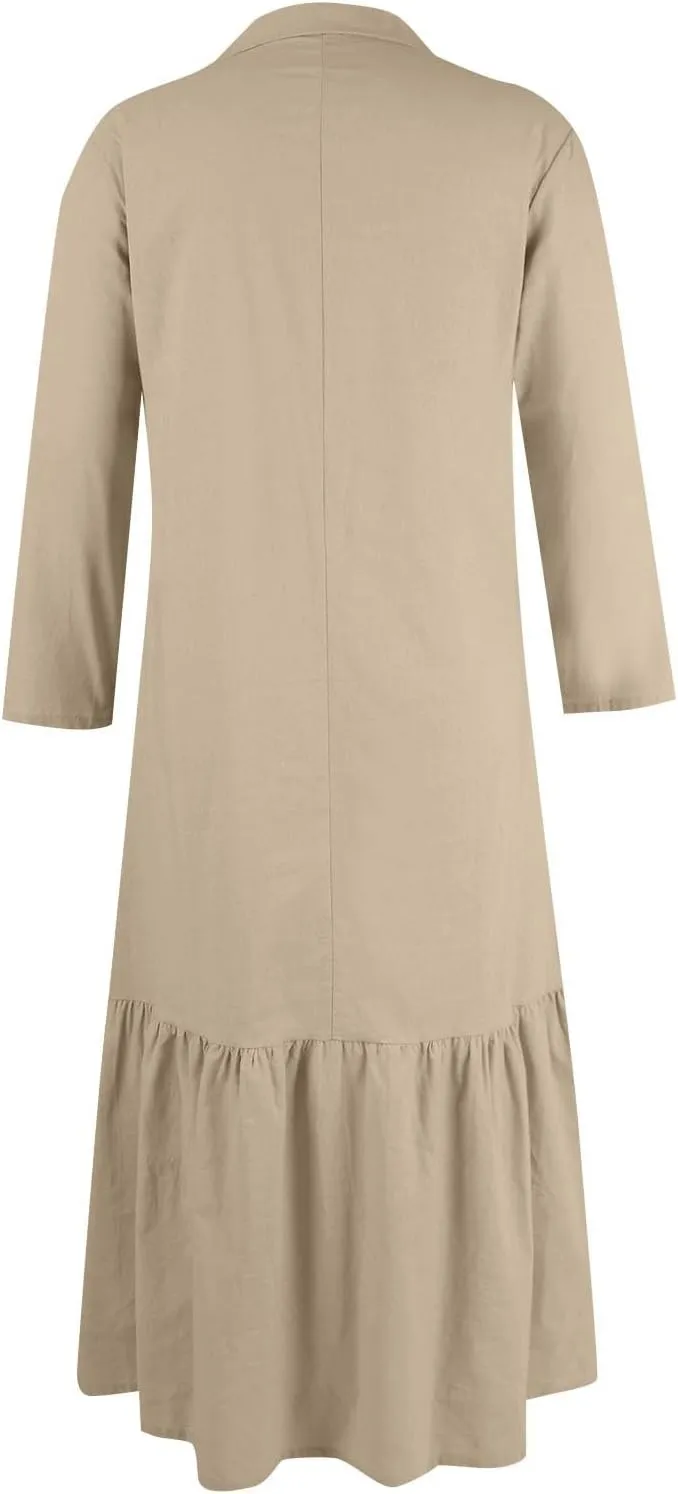 Women's Casual Long Sleeve Button Down Loose Cotton Linen Maxi Shirt Dress Plus Size Summer Shift Shirt Dresses