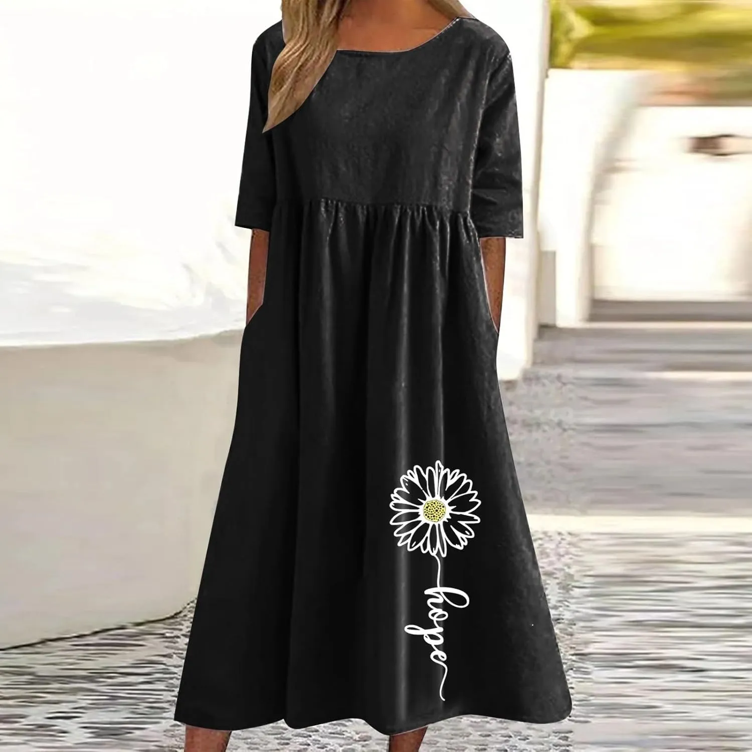 Women's Casual Short Sleeve Summer Long Dress Fashion Floral Print Pleated Loose Dress Comfort Lounge Dress